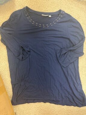 Susan Graver Navy Eyelet-Detail 3/4 Sleeve Knit Top